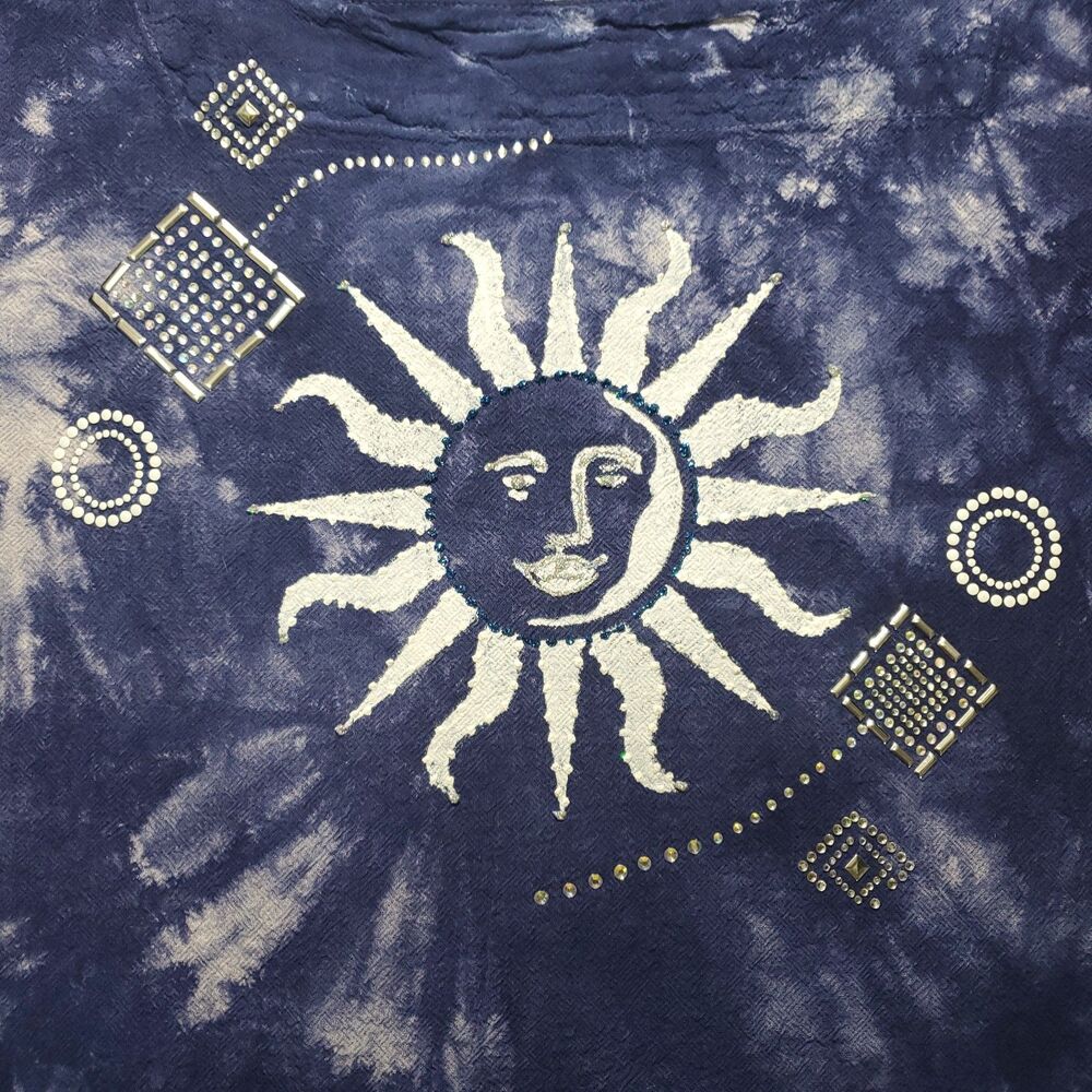 S Batik Tie Dye Sun Moon Blouse Square Neck 3/4 Sleeve Indigo Blue Celestial - Picture 9 of 10
